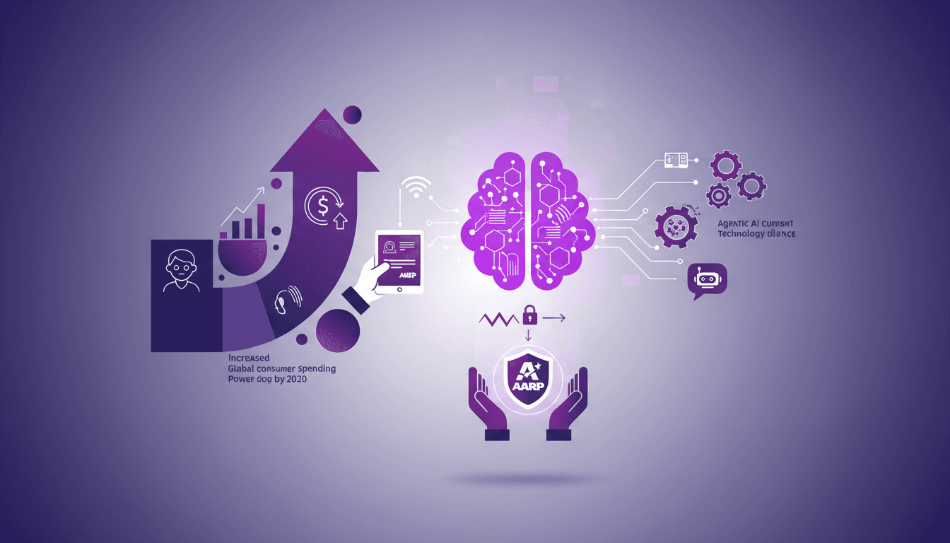 Illustration moderne sur le vieillissement de la population, la technologie et l'IA pour améliorer la vie des plus de 50 ans.