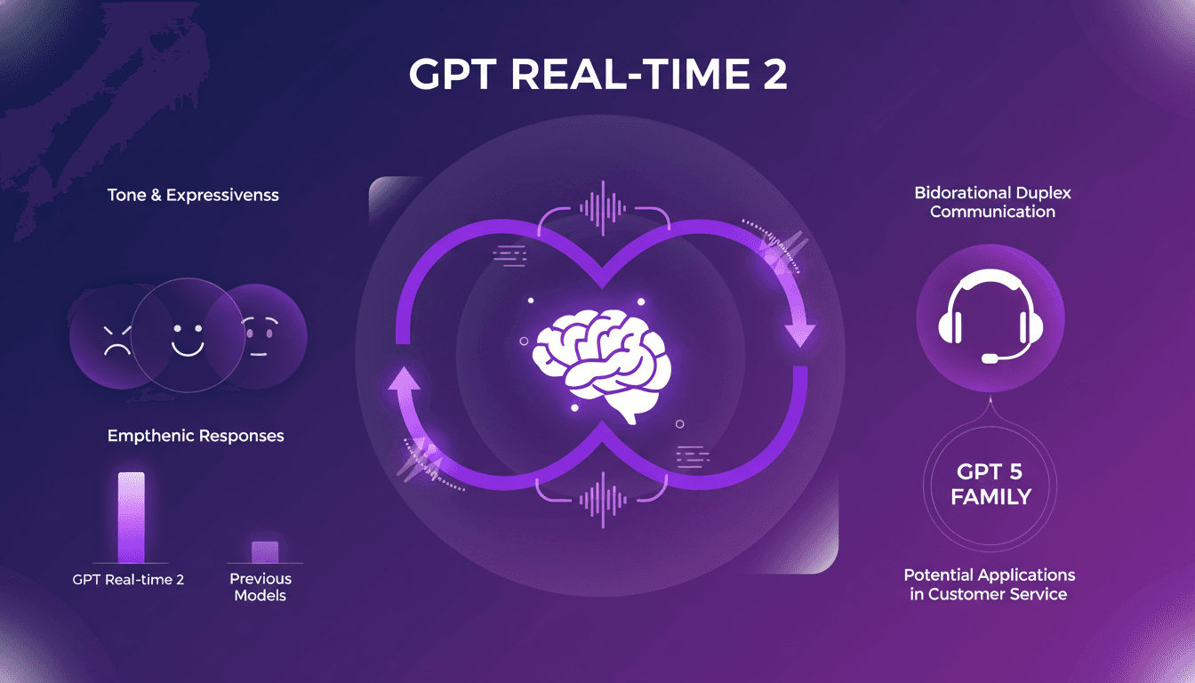 Modern illustration of GPT real-time 2, showcasing voice agent capabilities, bidirectional communication, expressive tone, GPT 5 integration.