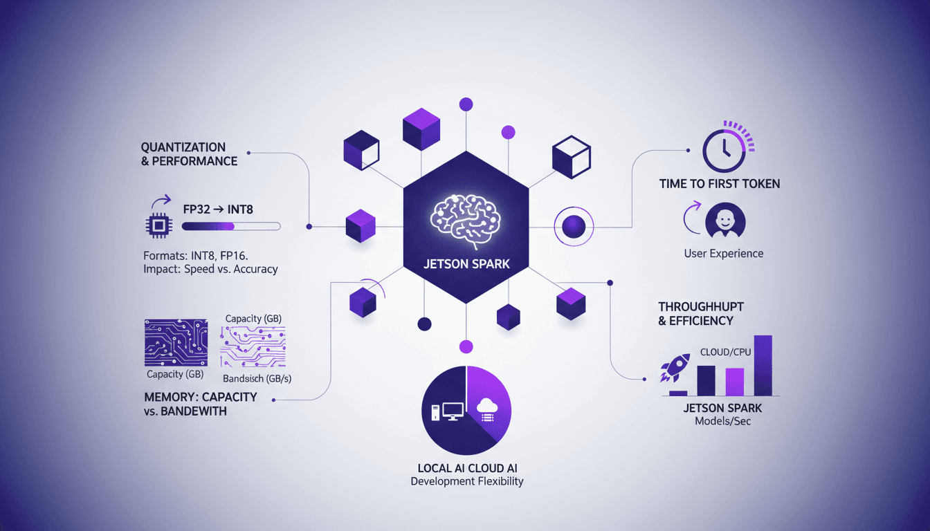 Modern illustration of Jetson Spark AI capabilities, quantization formats, performance, efficiency, local vs cloud development