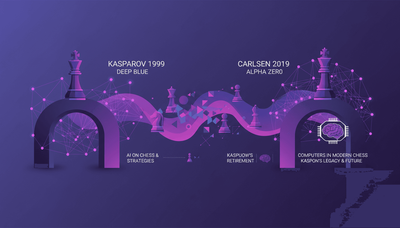 Illustration moderne de Kasparov en 1999, Carlsen en 2019, impact de l'IA sur les échecs, héritage de Kasparov, rôle des ordinateurs.