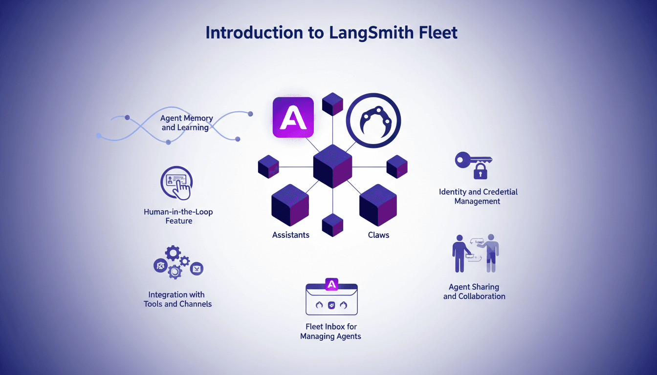 Modern minimalist illustration of LangSmith Fleet with assistant and claw agents, memory, learning, AI integration, and collaboration.
