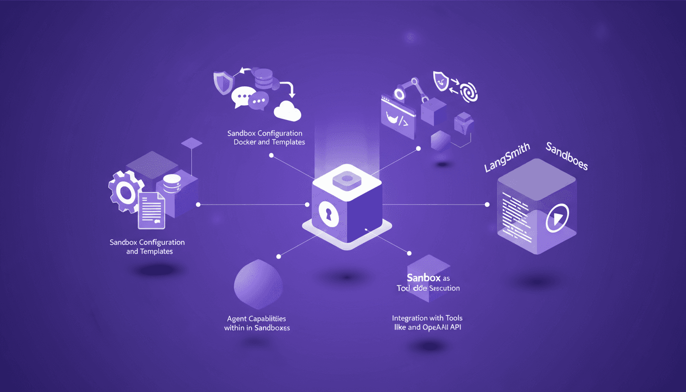 Illustration moderne de LangSmith Sandboxes, mettant en avant l'exécution sécurisée de code, la configuration de sandbox, et l'intégration avec Docker et OpenAI.