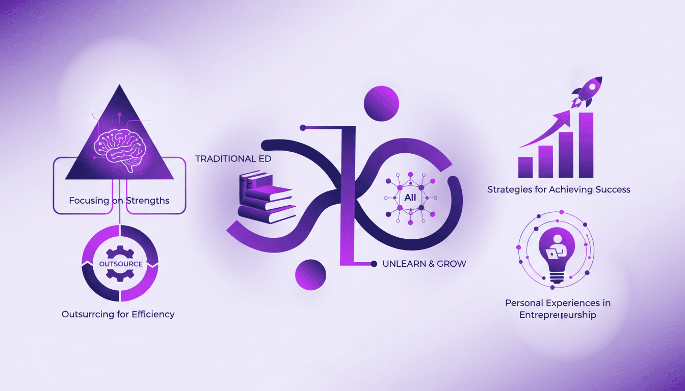 Illustration moderne sur l'importance de se concentrer sur les forces, l'externalisation pour l'efficacité, et le rôle du désapprentissage.