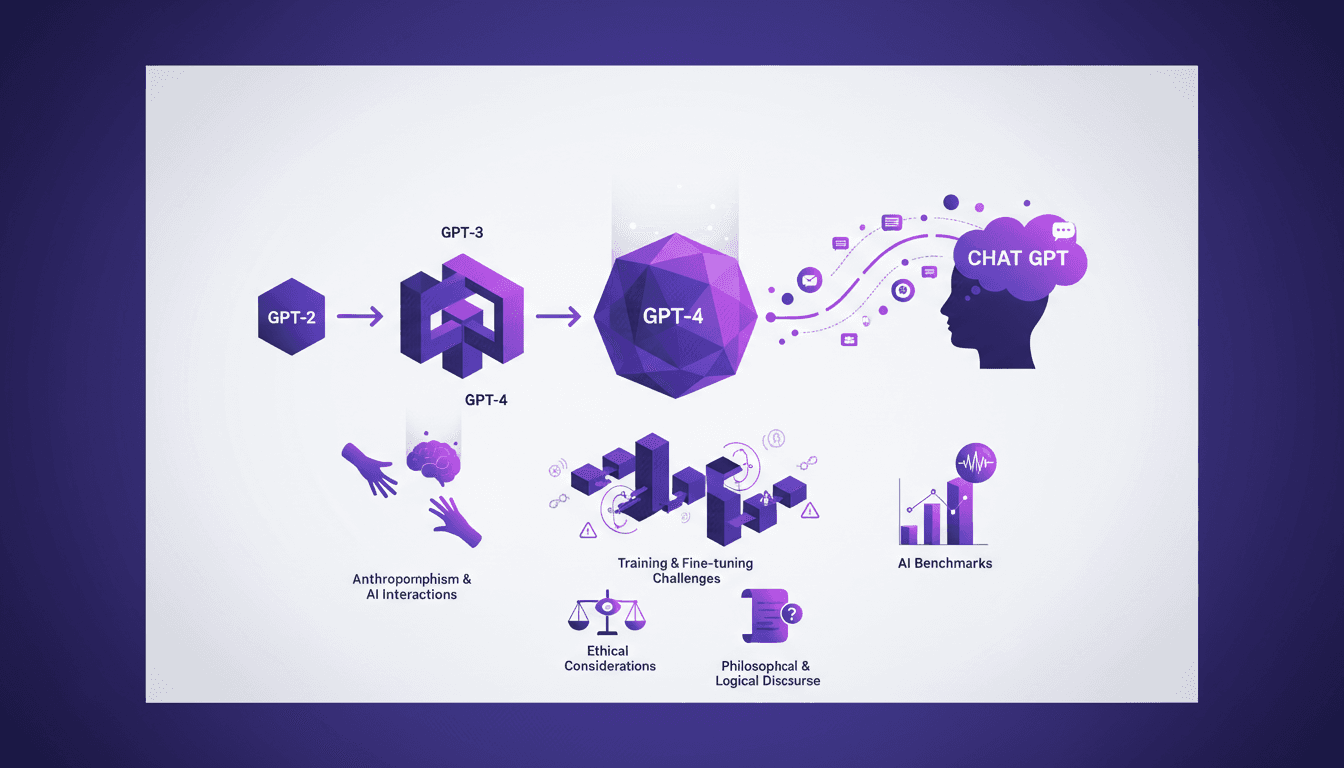 Modern illustration of the evolution of language models from GPT2 to GPT4, Chat GPT impact, ethical challenges, and public perception of AI.