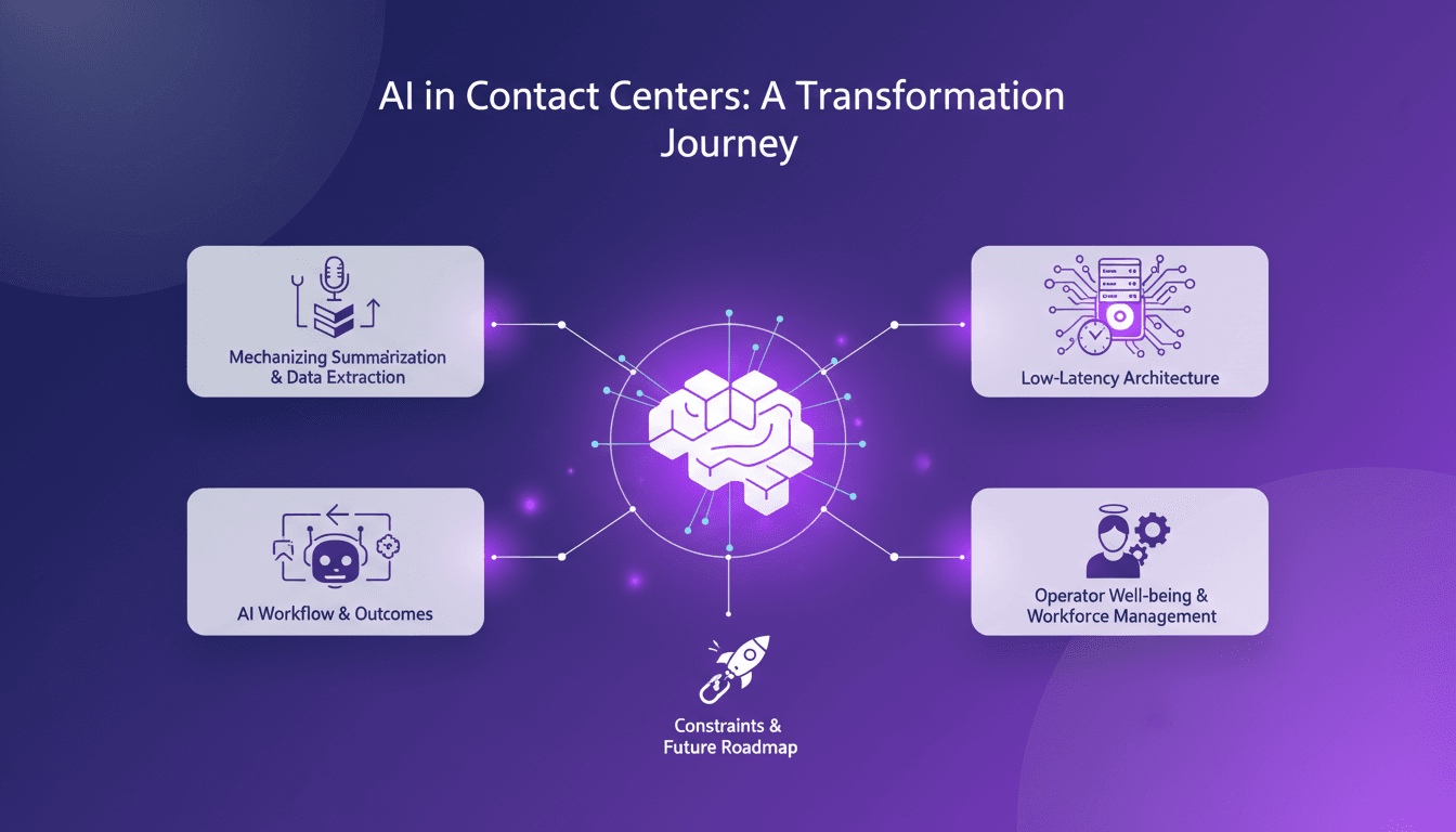 Modern illustration depicting contact center challenges, AI-driven summarization, data extraction, and workflow outcomes.