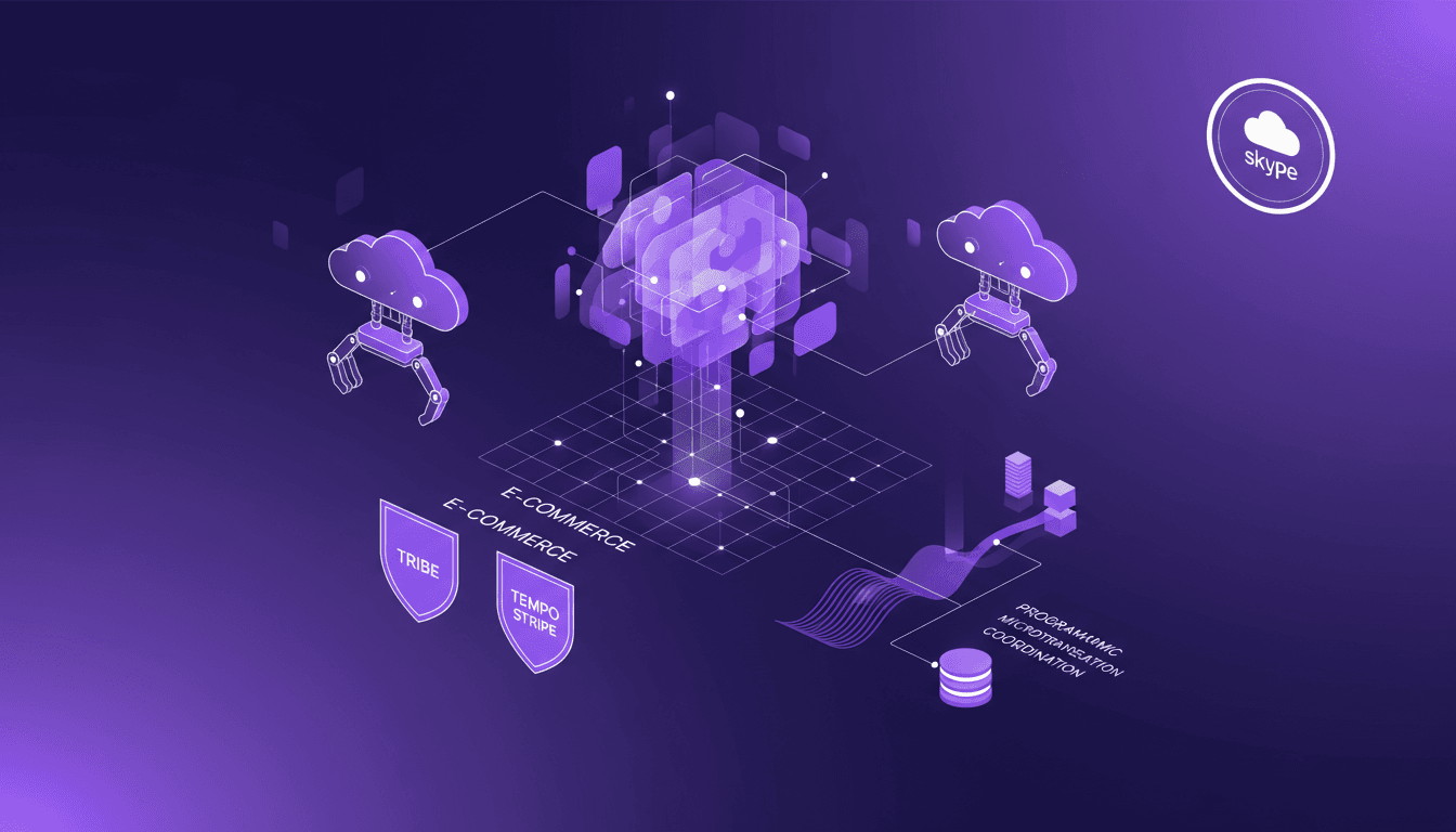 Illustration moderne du lancement du Machines Payments Protocol par Tribe, intégrant cloudbots et open claws en e-commerce, co-auteurisé par Tempo et Stripe, avec Skype comme fournisseur majeur.