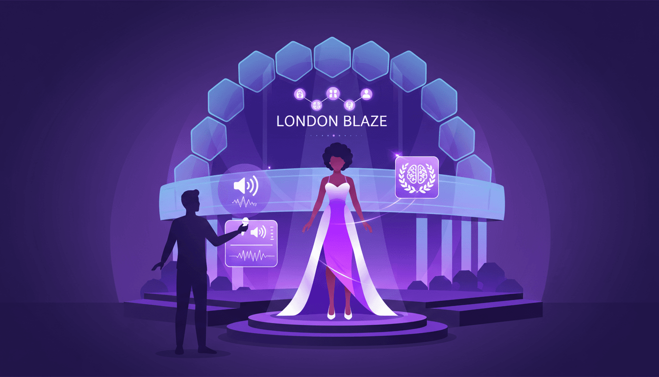 Illustration moderne d'Aisha sur scène au London Blaze, soutenue par son petit ami, symbolisant son rêve de devenir star du West End.