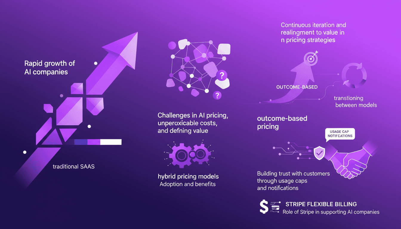 Illustration moderne de la croissance rapide des entreprises IA, défis de tarification, modèles hybrides, rôle de Stripe, design minimaliste