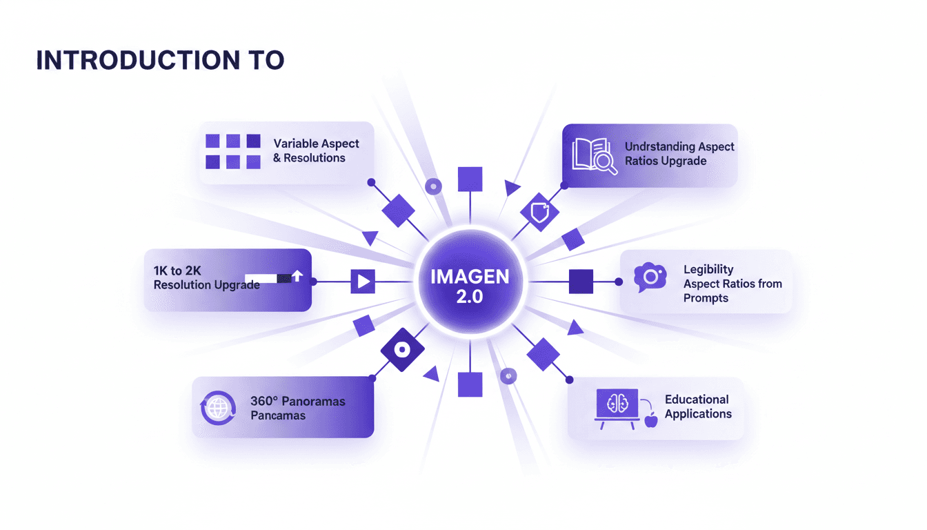 Modern illustration of Imagen 2.0 showcasing variable resolutions, legibility improvements, and 360° panoramas for educational use.