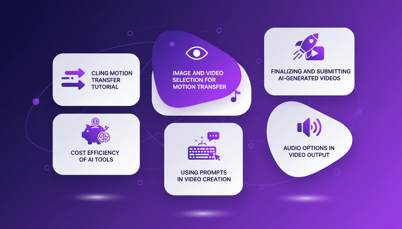 Modern illustration of Cling Motion Transfer Tutorial with AI tools, image selection, audio options, and video submission.