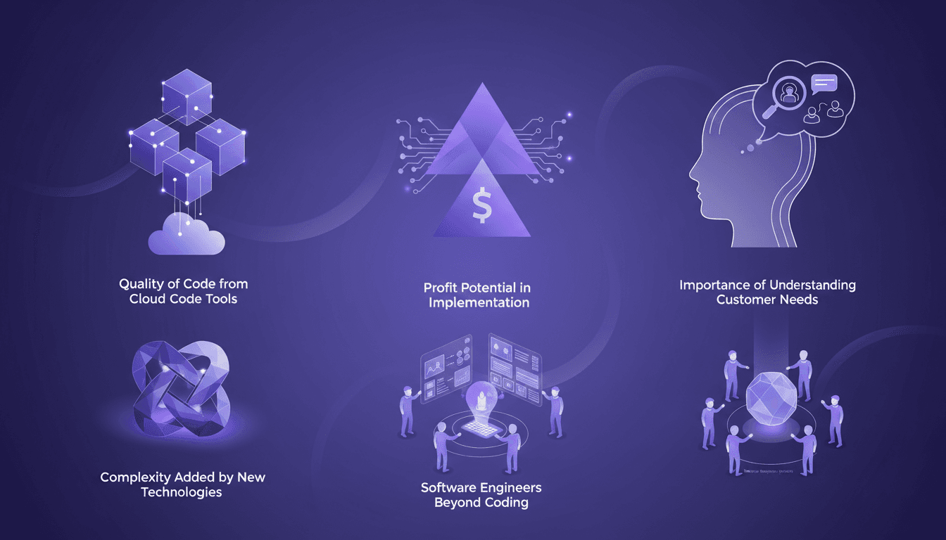 Modern illustration on code quality and complexity from new technologies with cloud tools, indigo and violet palette.