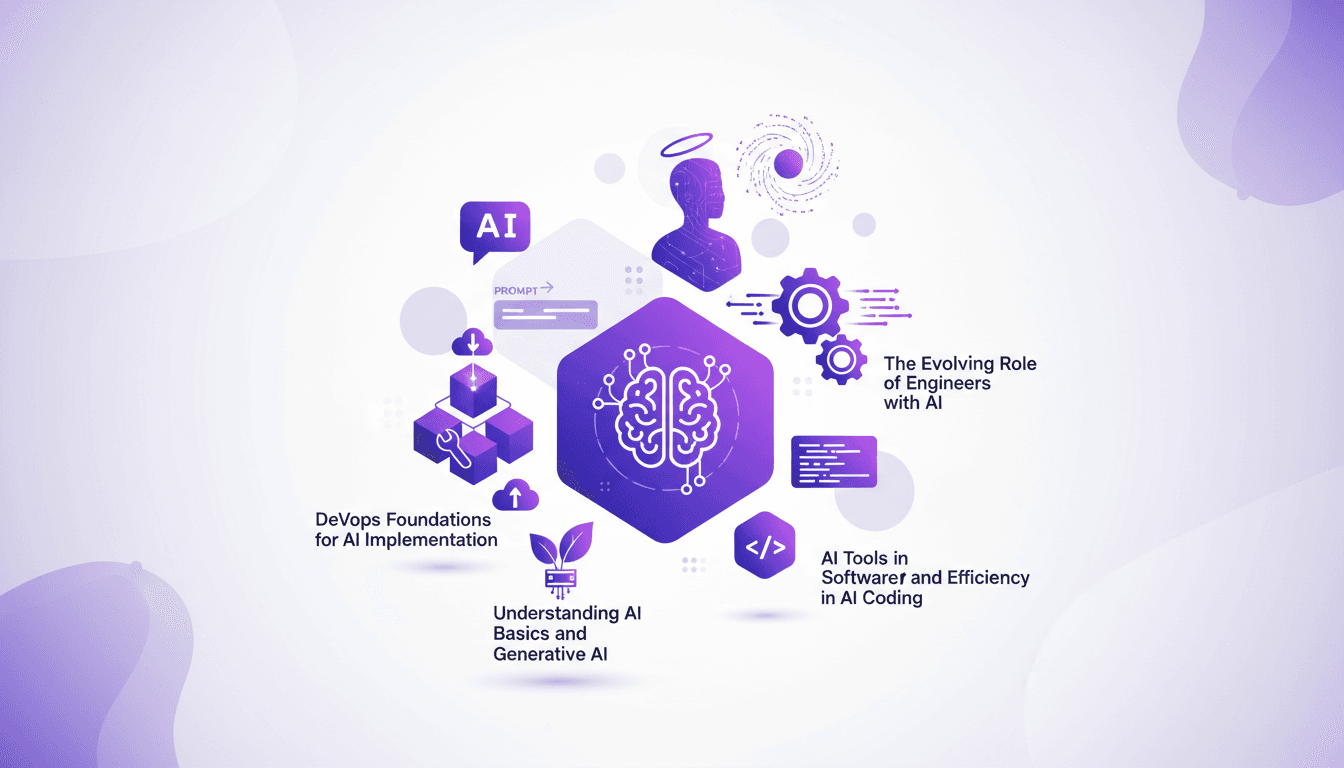 Illustration moderne de l'impact de l'IA sur le développement logiciel, l'efficacité, et le rôle des ingénieurs, avec une palette de violets.
