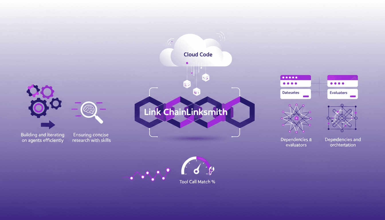 Illustration moderne de compétences Link Chain et Linksmith avec Cloud Code, construction d'agents et analyse des traces en IA.