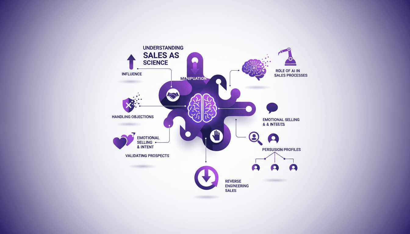 Modern illustration depicting sales as a science, influence vs manipulation, AI in sales, emotional selling, prospect validation.