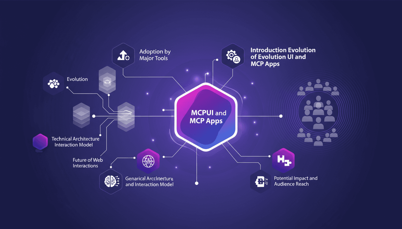 Illustration moderne de l'évolution des MCPUI et MCP Apps, adoption par entreprises, standardisation, architecture technique, futur des interactions web.