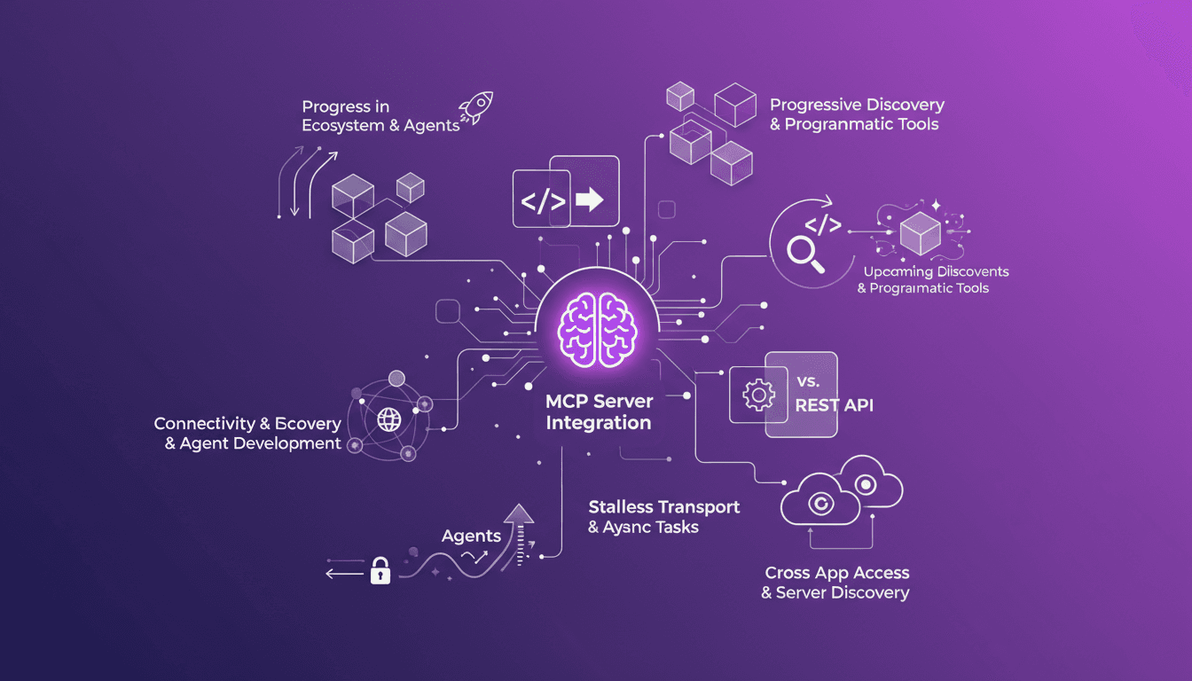 Modern illustration of MCP server integration and capabilities, agent development, connectivity, and stateless protocols.