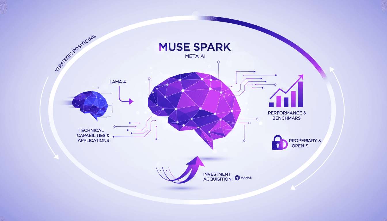 Modern illustration of Meta Muse Spark, comparing Lama 4, AI investments, Manas acquisition, performance, open-source plans.