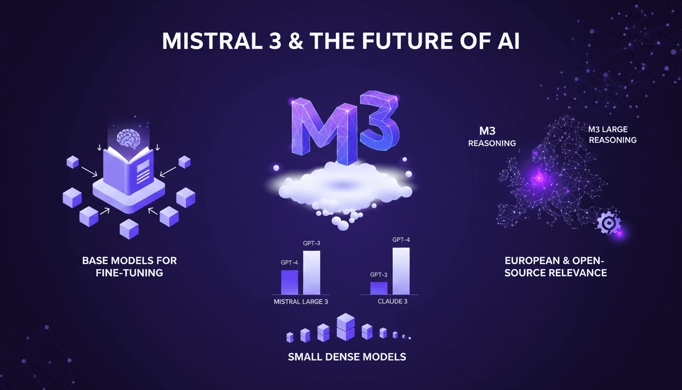 Modern illustration of Mistral 3 release, model comparison, fine-tuning strategy, European relevance, and performance benchmarks.