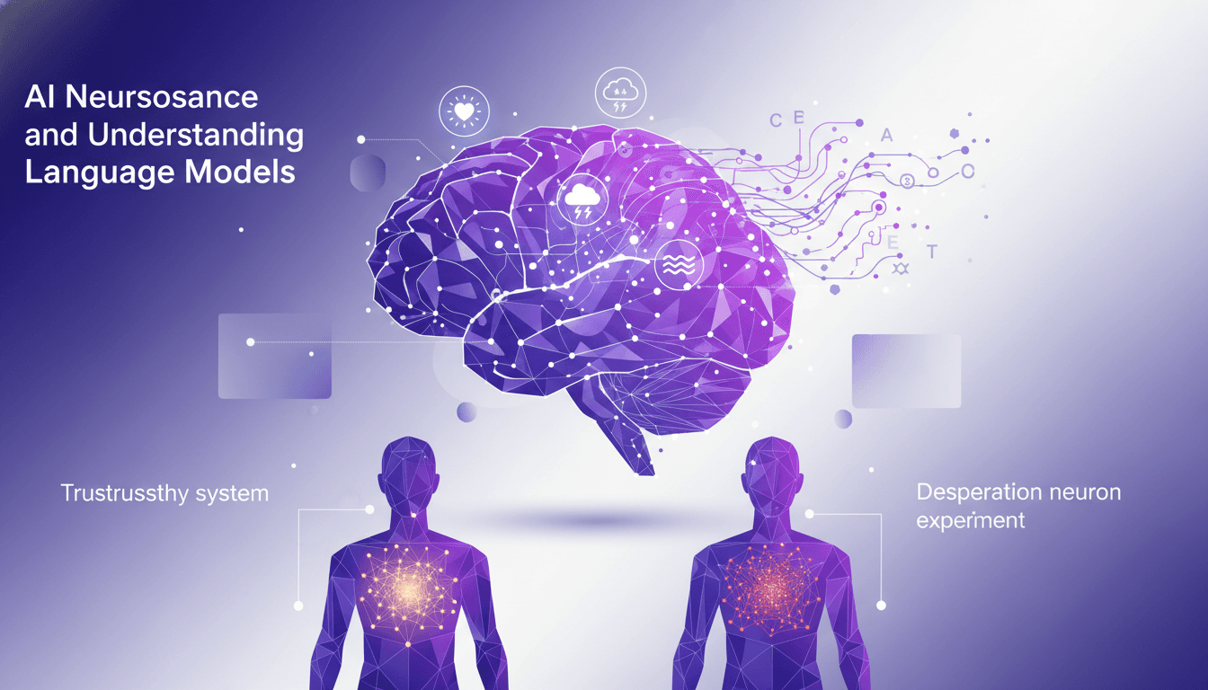 Illustration moderne de neurosciences de l'IA, exploration des modèles neuronaux et émotions humaines, influence sur le comportement de l'IA.