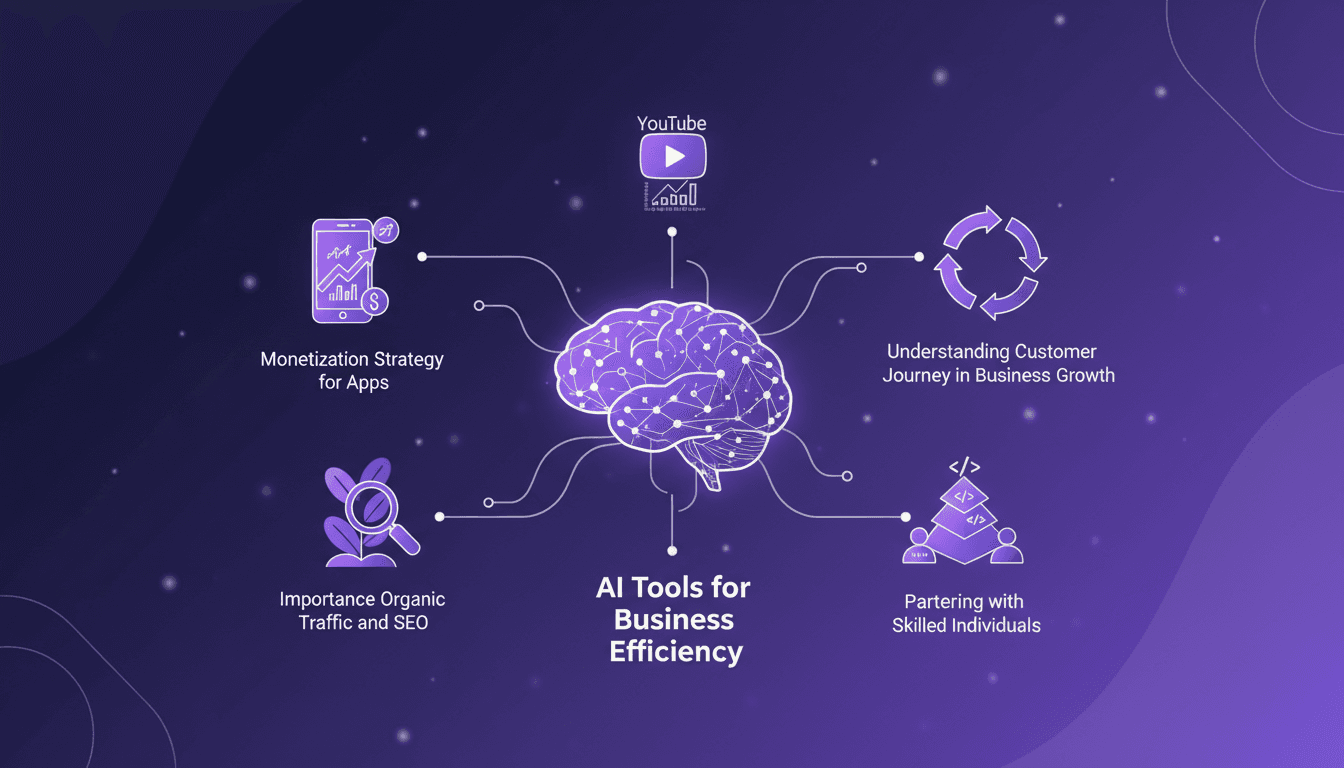 Illustration moderne d'une stratégie de monétisation d'applications, SEO, croissance YouTube, parcours client SAS, développement d'applications, IA