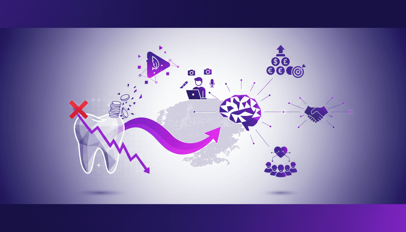 Illustration moderne des défis financiers liés aux soins dentaires, entrepreneuriat et réseaux sociaux, avec palette indigo et violet.