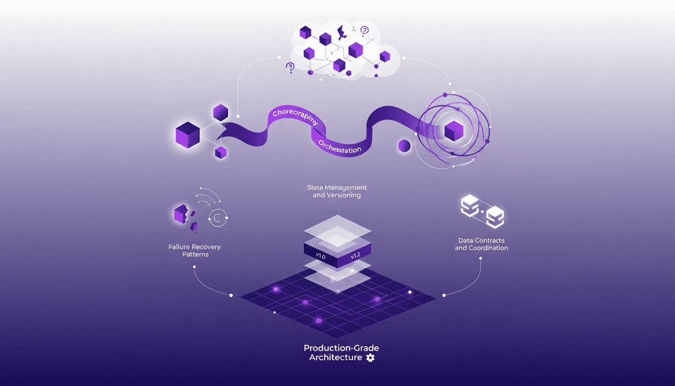 Modern minimalist illustration on complexity in multi-agent systems, state management, failure recovery, distributed architecture.