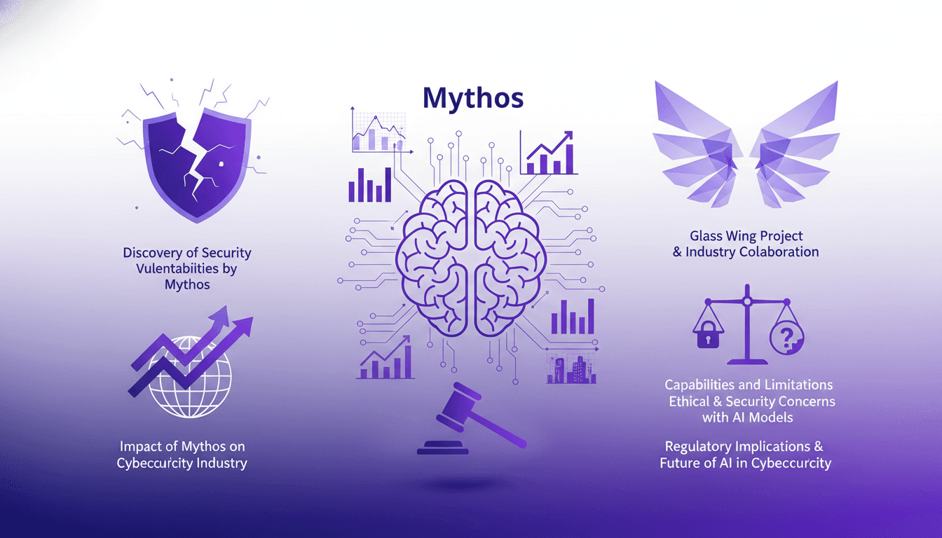 Illustration moderne de Mythos découvrant des vulnérabilités de sécurité, impact sur l'industrie de la cybersécurité, projet Glass Wing.