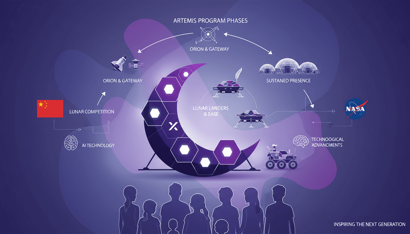 Illustration moderne du plan de 7 ans de la NASA pour une base lunaire permanente, mettant en avant la compétition avec la Chine et les véhicules d'atterrissage de SpaceX et Blue Origin.