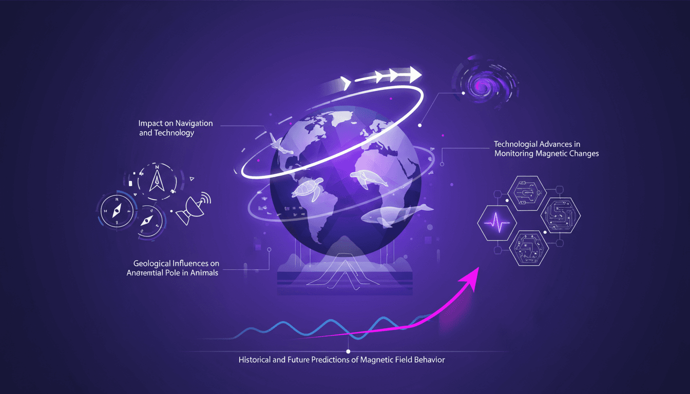 Illustration moderne du déplacement rapide du pôle Nord magnétique, impact sur la navigation, technologie et navigation animale.