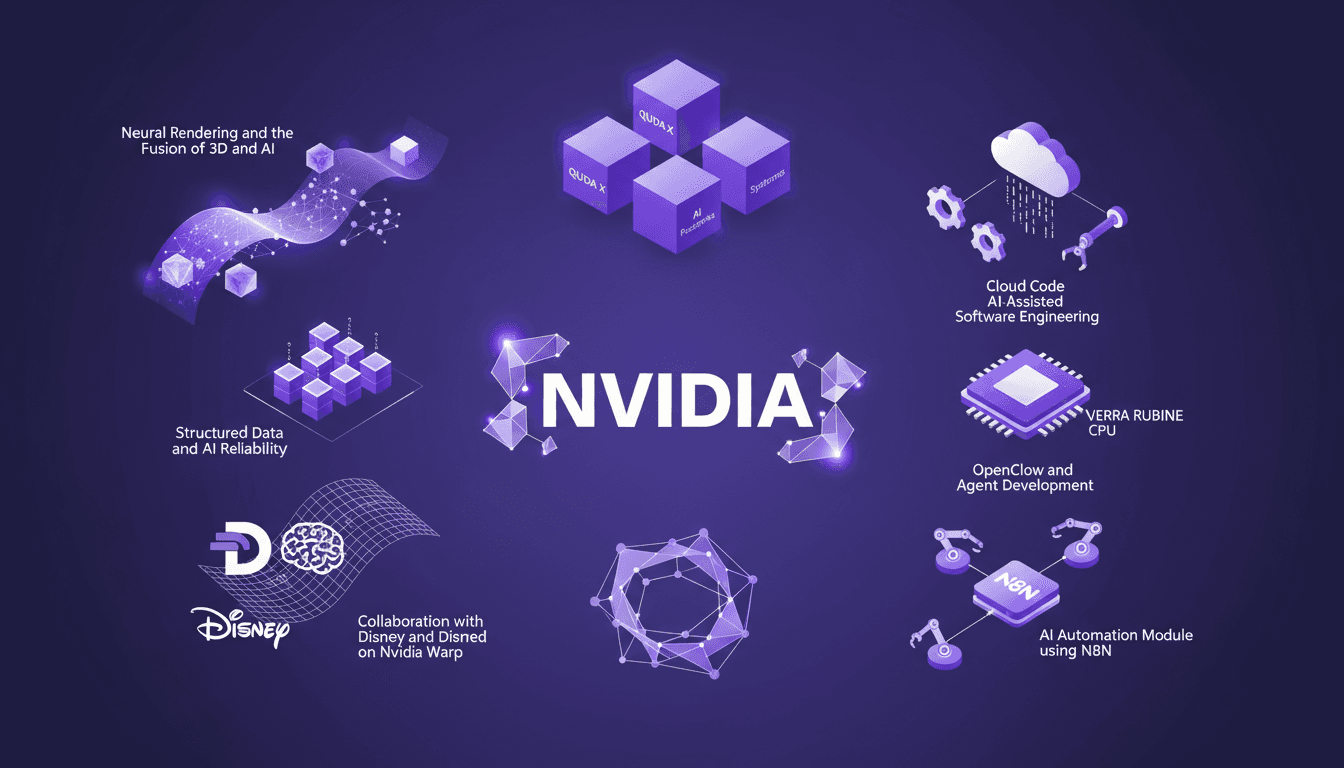 Illustration moderne de NVIDIA avec QUDA X, usines AI, rendu neural, données structurées, Verra Rubine CPU, collaboration Disney, module N8N.