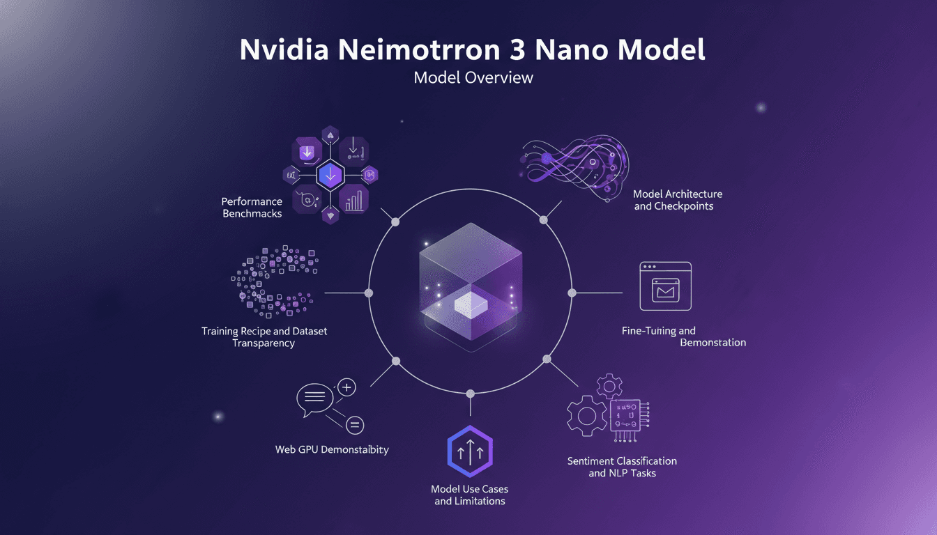 Modern illustration of Nvidia Neimotron 3 Nano, model architecture, benchmarks, hardware compatibility, NLP tasks, Web GPU demonstration.