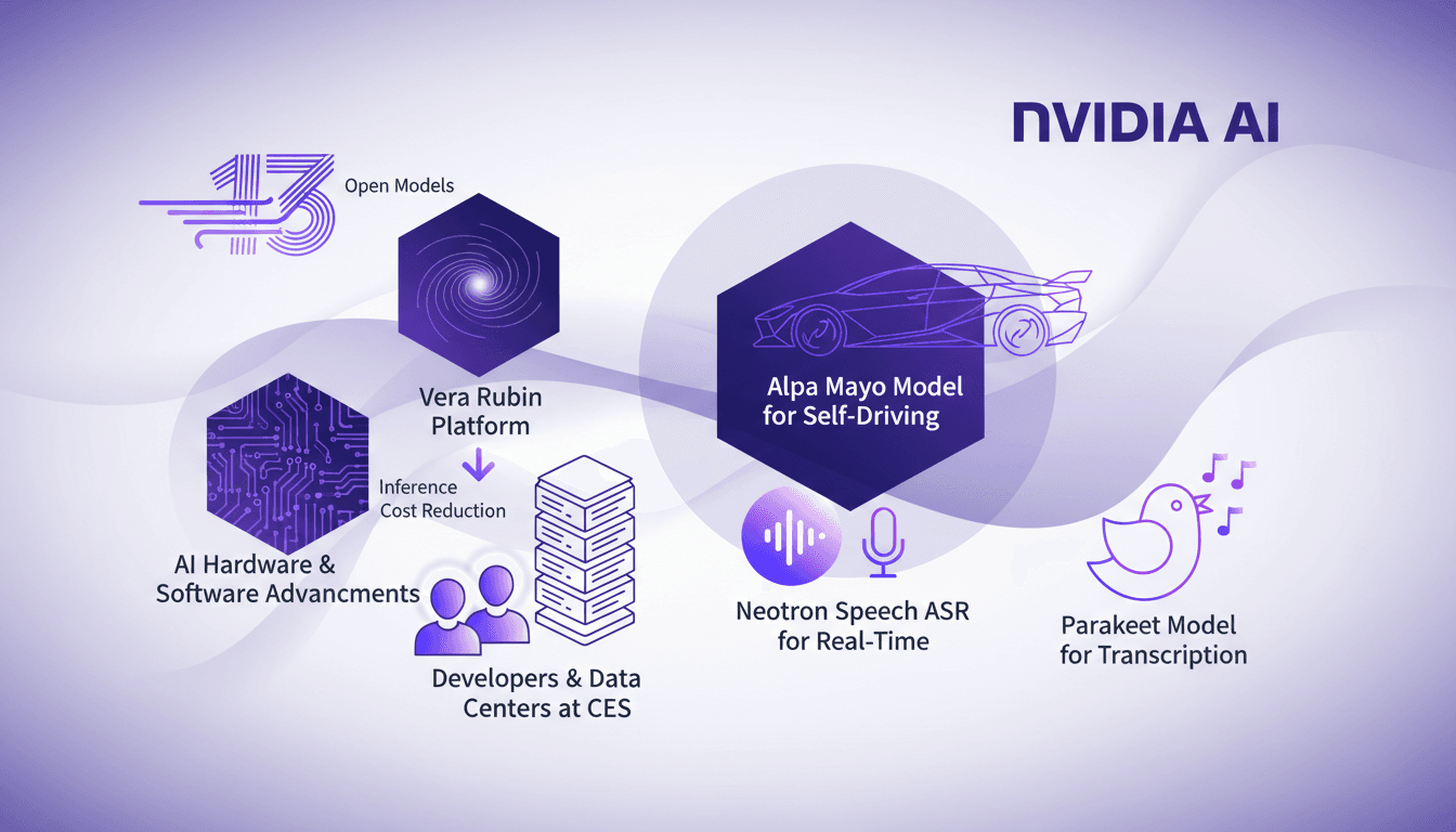 Illustration moderne des 13 modèles ouverts de Nvidia, technologies AI, réduction des coûts d'inférence, CES, intégration de modèles.