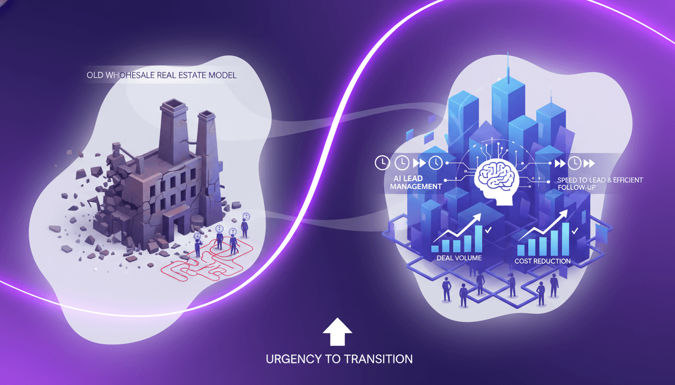 Modern illustration of wholesale real estate model obsolescence, AI's role in lead management, urgent transition to innovative model.