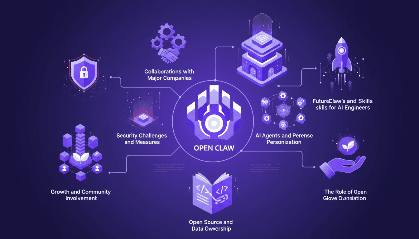 Illustration moderne de l'implication communautaire et des défis de sécurité d'Open Claw, avec des collaborations et l'architecture AI.