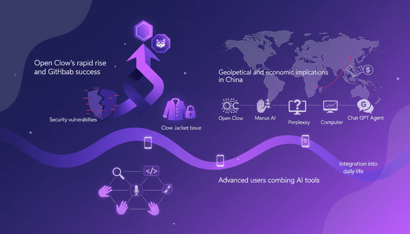 Modern illustration depicting Open Clow's rapid rise, GitHub success, and adoption in China, compared to autonomous AI platforms.