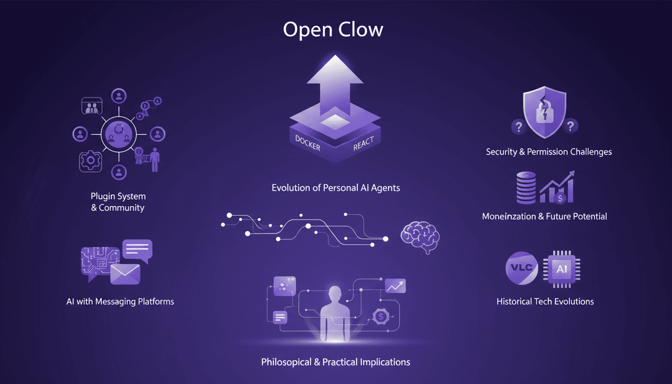 Illustration moderne montrant Open Clow surpassant Docker et React sur GitHub, avec des agents IA personnels et implications philosophiques.