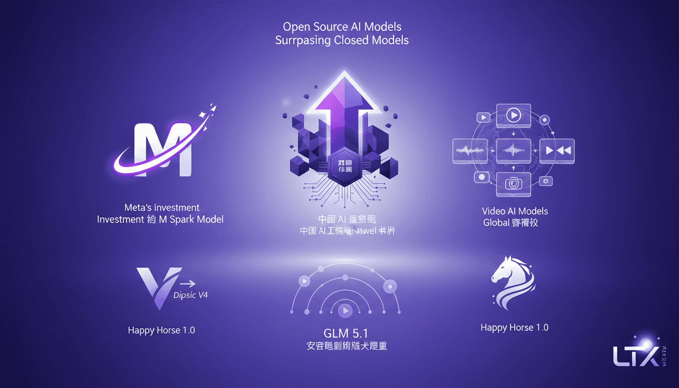 Modern illustration of open source AI models surpassing closed ones, Chinese ecosystem with Huawei chips, Meta's investment.