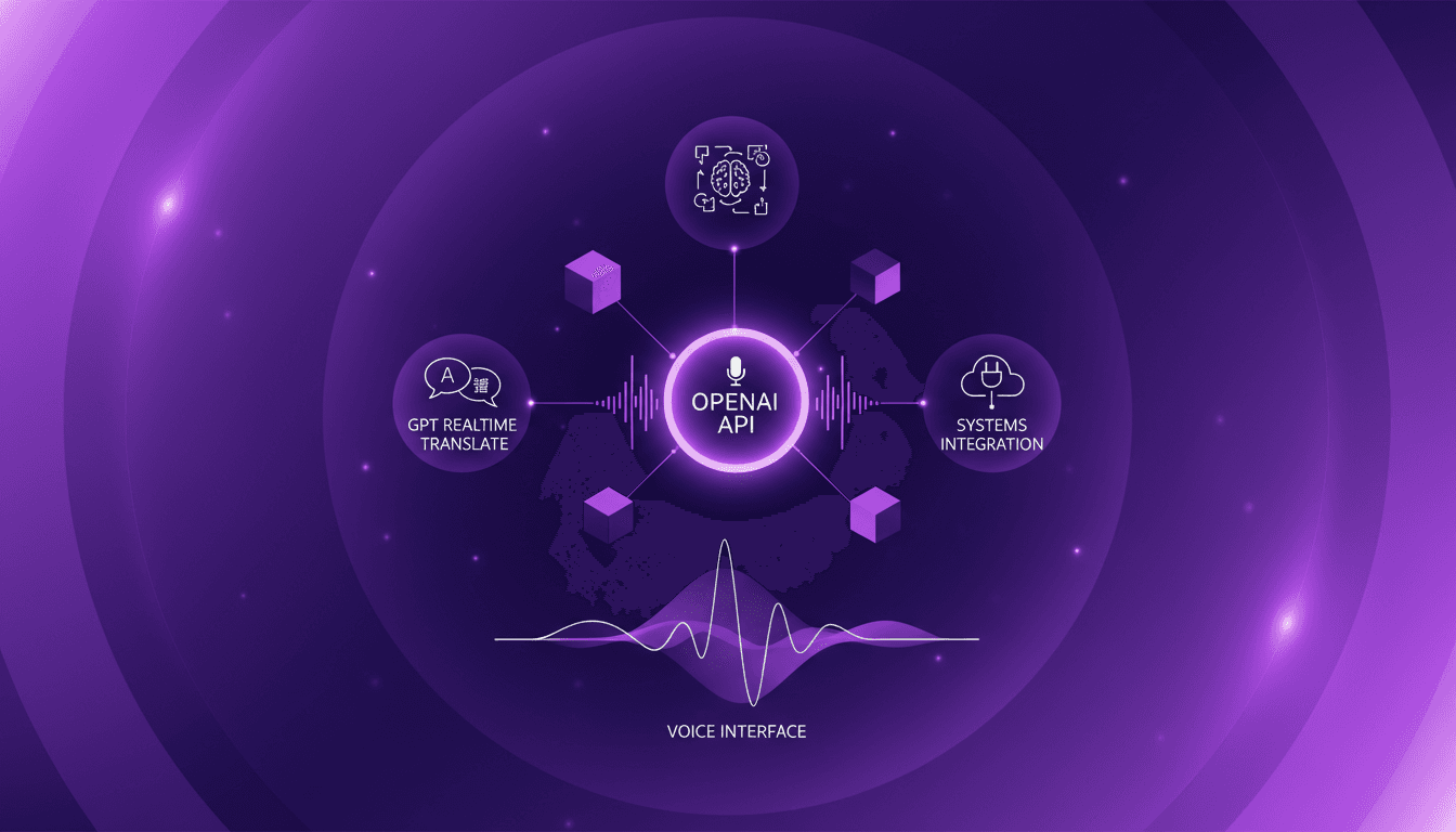 Modern illustration of OpenAI's new real-time audio models with geometric shapes and indigo-violet gradient for AI technology article.