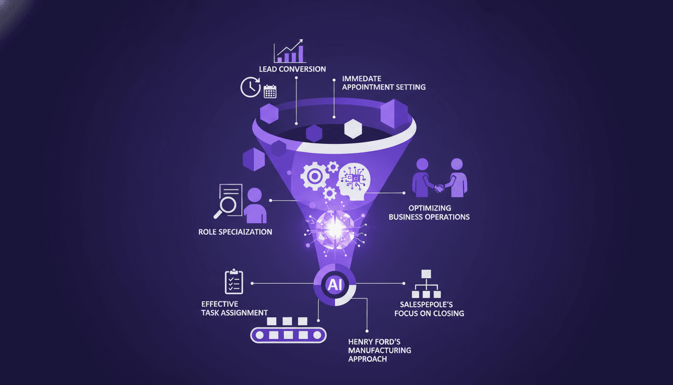 Modern illustration on conversion rates, immediate appointment setting, business optimization, Ford's approach, sales focus.