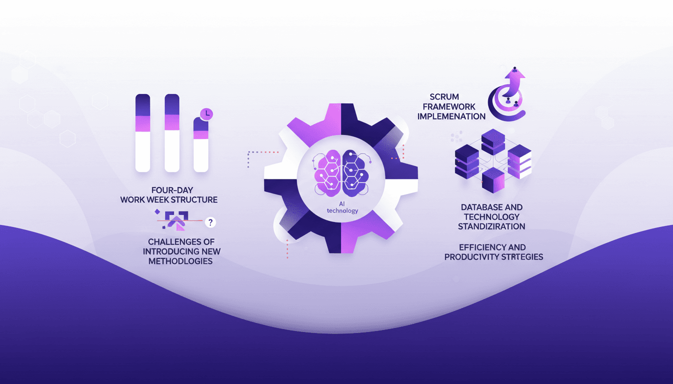 Illustration moderne sur la composition de la main-d'œuvre en ingénierie, stratégies d'efficacité, semaine de 4 jours, et implémentation Scrum.