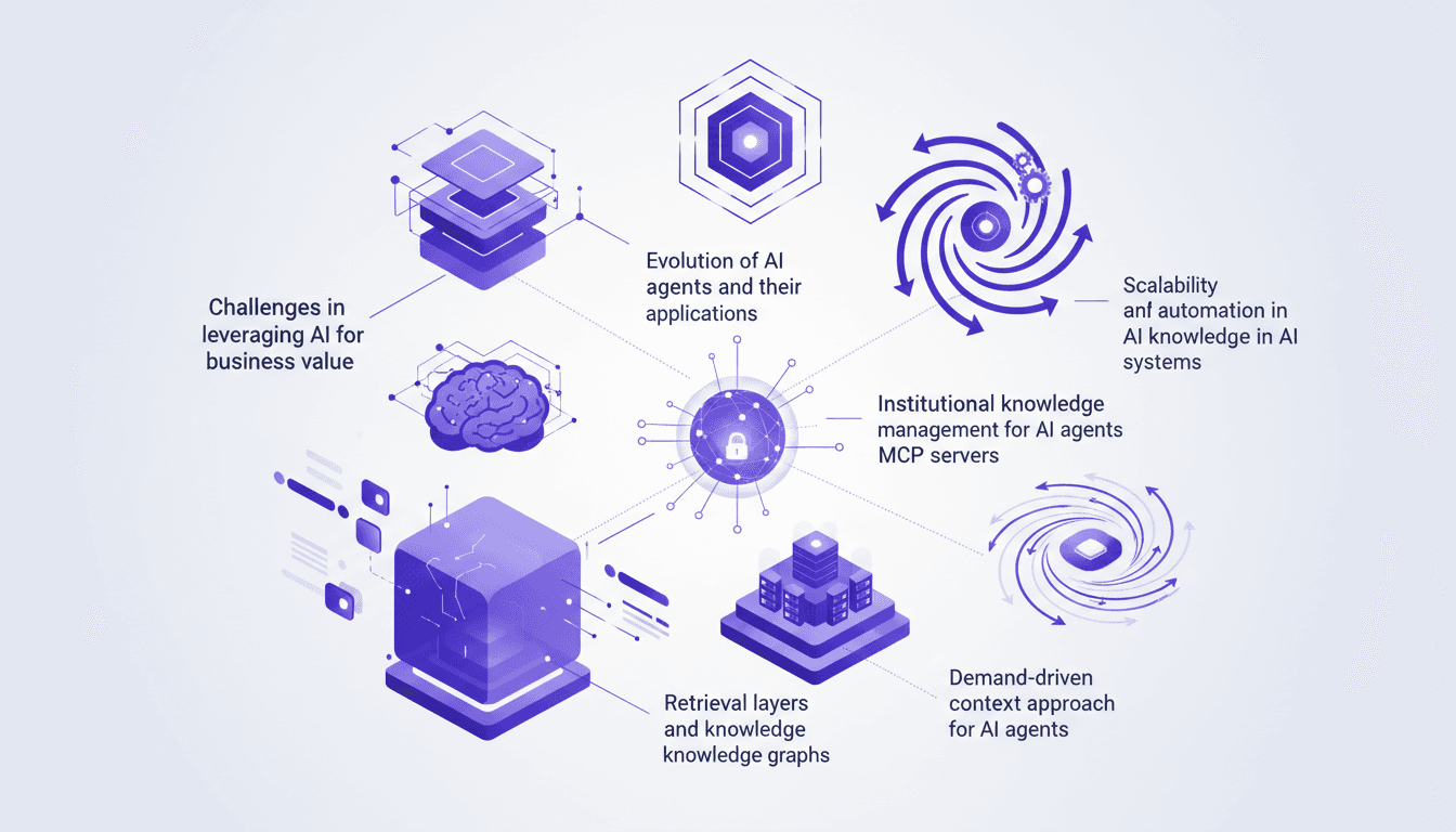 Illustration moderne des défis de l'IA en entreprise, gestion des connaissances, évolutions et applications des agents IA, importance des méta-modèles.