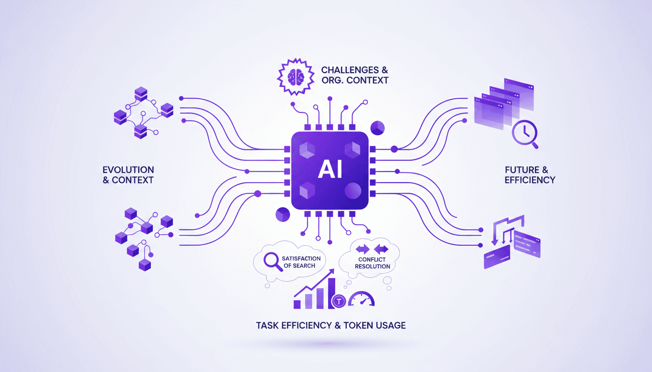 Modern illustration on AI context engines evolution, challenges, organizational efficiency, technical advances, and conflict resolution.