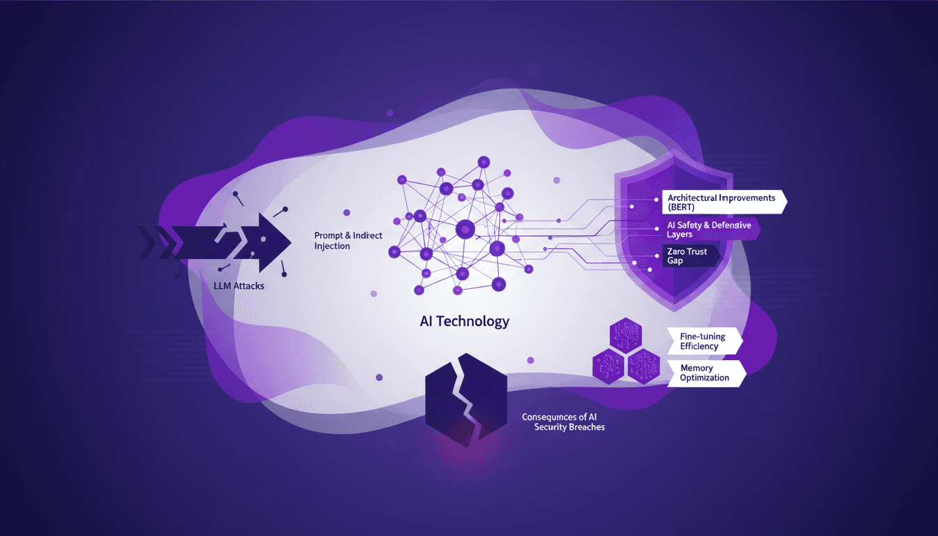 Modern illustration on LLM attack evolution, BERT architectural improvements, AI safety, and memory optimization.