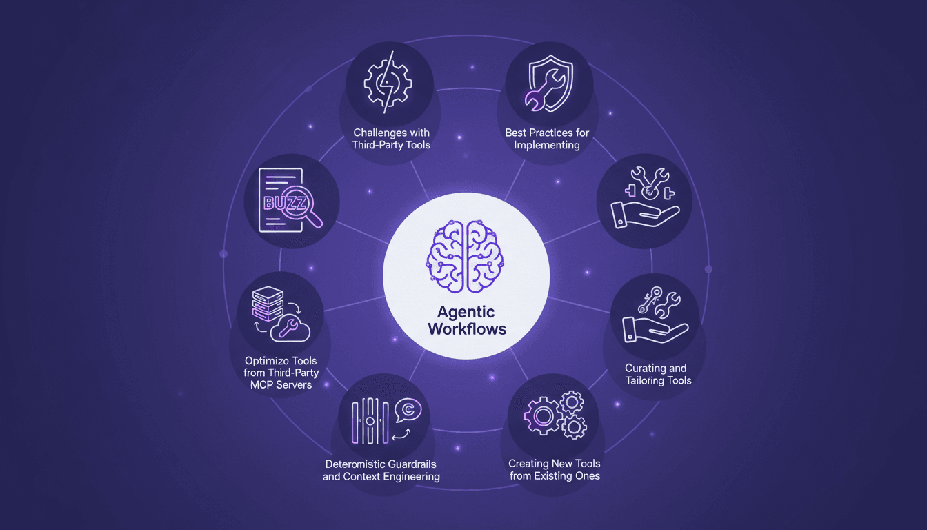 Illustration moderne sur les défis des outils tiers dans les flux de travail agentiques, avec des pratiques et cas d'utilisation innovants.