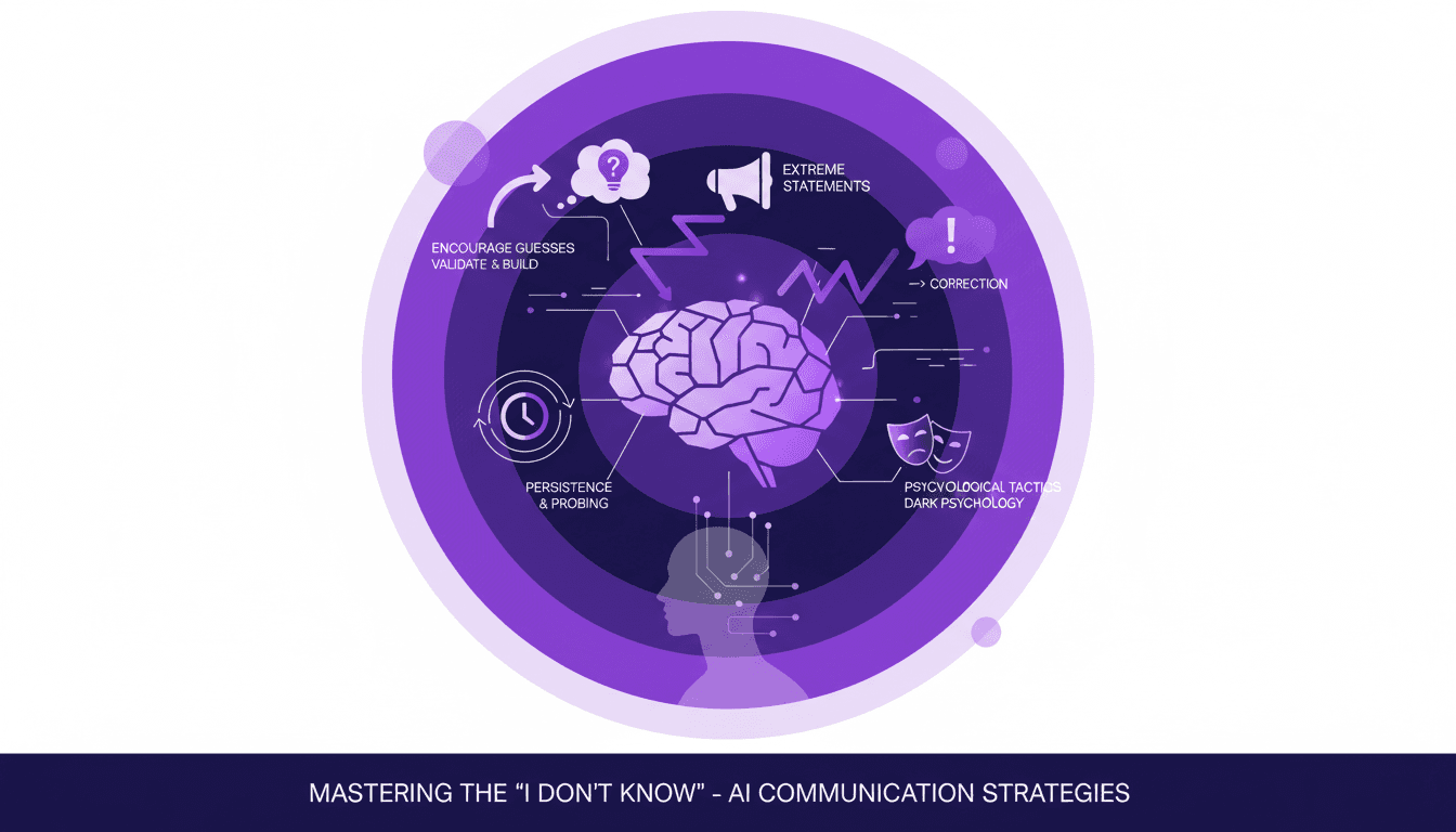 Illustration moderne sur les stratégies pour surmonter les réponses 'je ne sais pas', avec des formes géométriques et une palette violette.