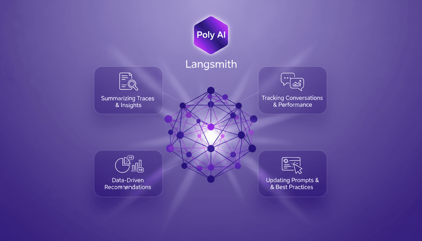 Illustration moderne de l'assistant Poly AI à Langmith, résumant les traces, fournissant des insights, et suivant les performances.