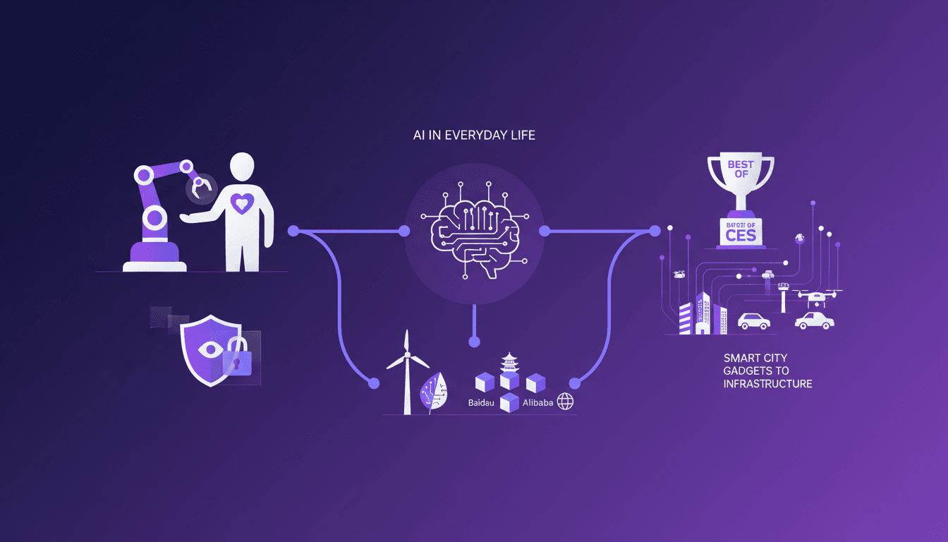 Illustration moderne des applications pratiques de l'IA dans la vie quotidienne avec avancées technologiques en robotique et santé.