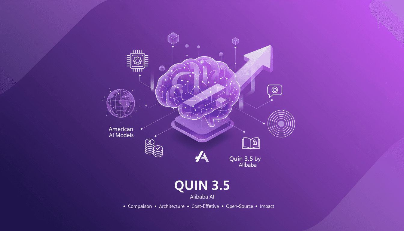 Modern illustration of Quin 3.5 by Alibaba, comparing American AI models, technical architecture, innovations, and industry impact.