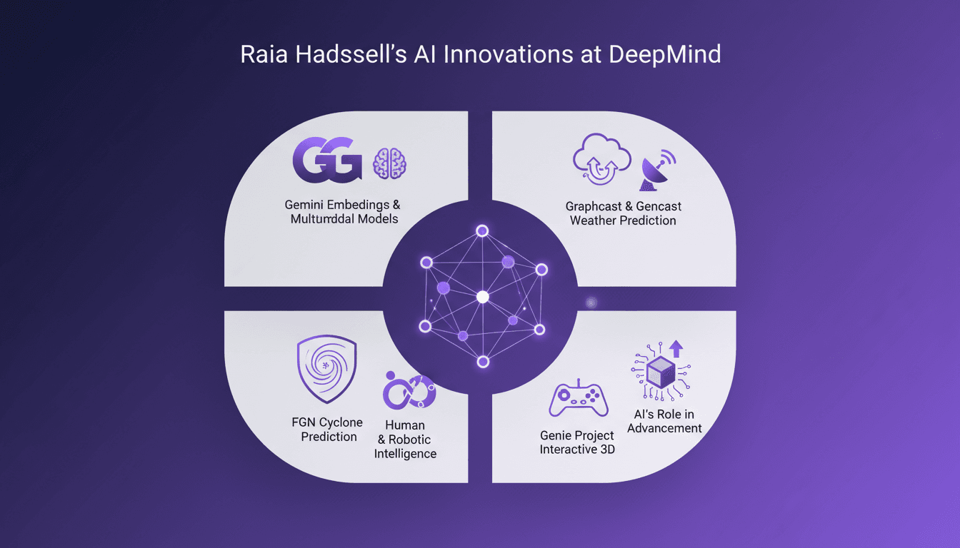Modern illustration of Raia Hadsell's career at DeepMind featuring Gemini Embeddings 2, multimodal models, and AI for human and robotic intelligence.