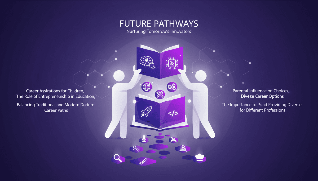 Illustration moderne montrant des enfants explorant des carrières, mettant l'accent sur l'entrepreneuriat et la diversité professionnelle.